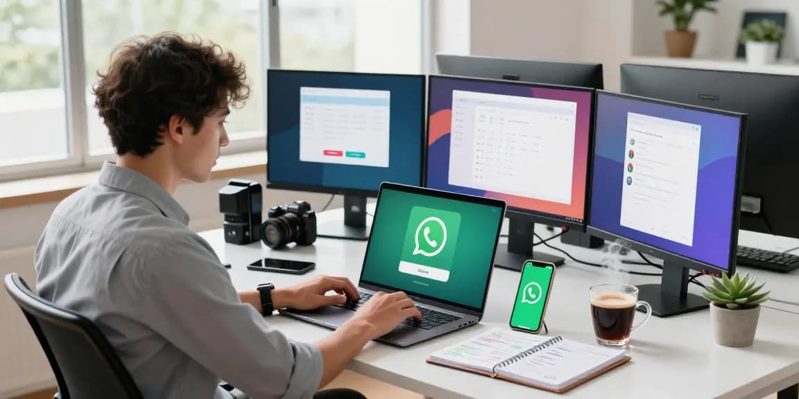 Downloading WhatsApp下載 on a laptop in a modern office workspace, highlighting productivity and technology.