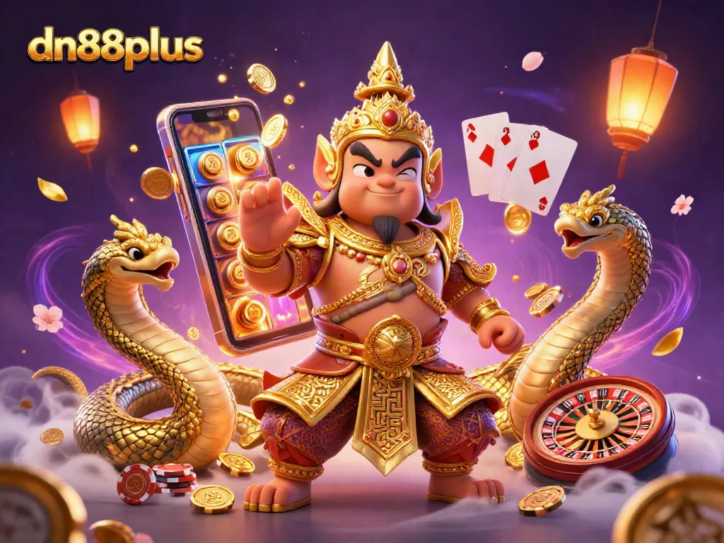 Join the excitement at dn88plus with a vibrant 3D casino scene featuring slot games and golden rewards.