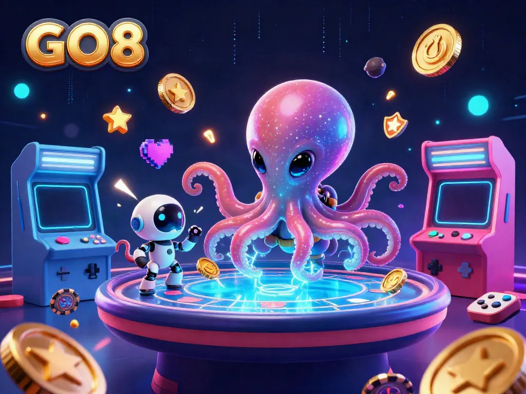 Engaging GO8-themed casino scene with an alien octopus at a holographic poker table.