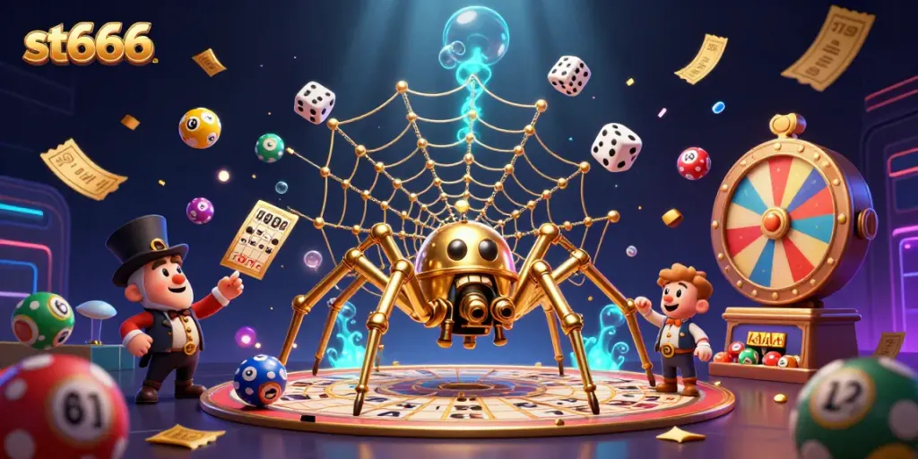 Experience the thrill of st666 with a dynamic 3D casino illustration of games and excitement!