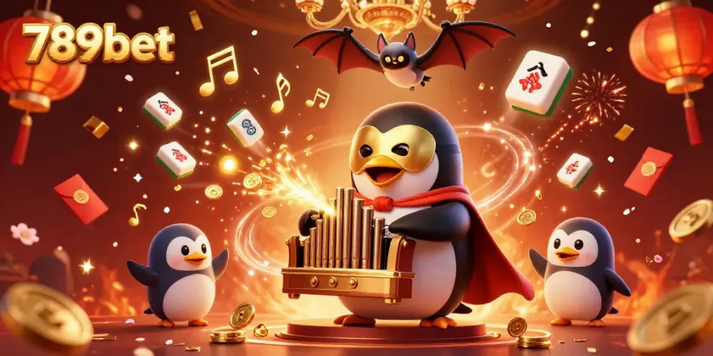 Experience the thrilling world of 789bet with a penguin organist shooting coins, evoking vibrant casino vibes.