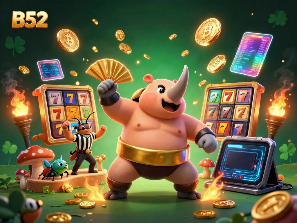 B52 platform showcases an engaging slot game scene with a sumo beetle champion surrounded by vibrant slot reels and glowing coins.