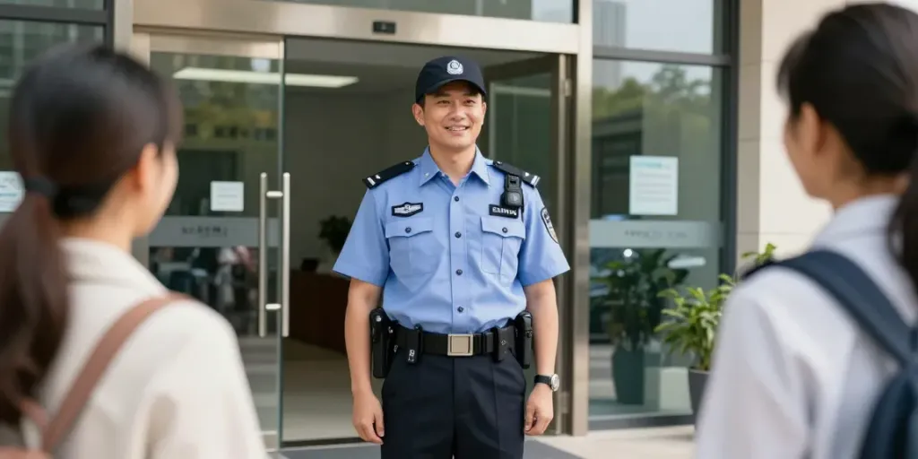 Trusted Private Security provider at a corporate entrance, enhancing community safety.