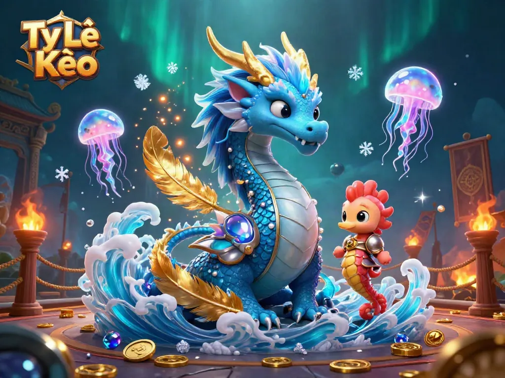 Engage in Tỷ Lệ Kèo with a vibrant underwater dragon scene, capturing dynamic gambling elements.