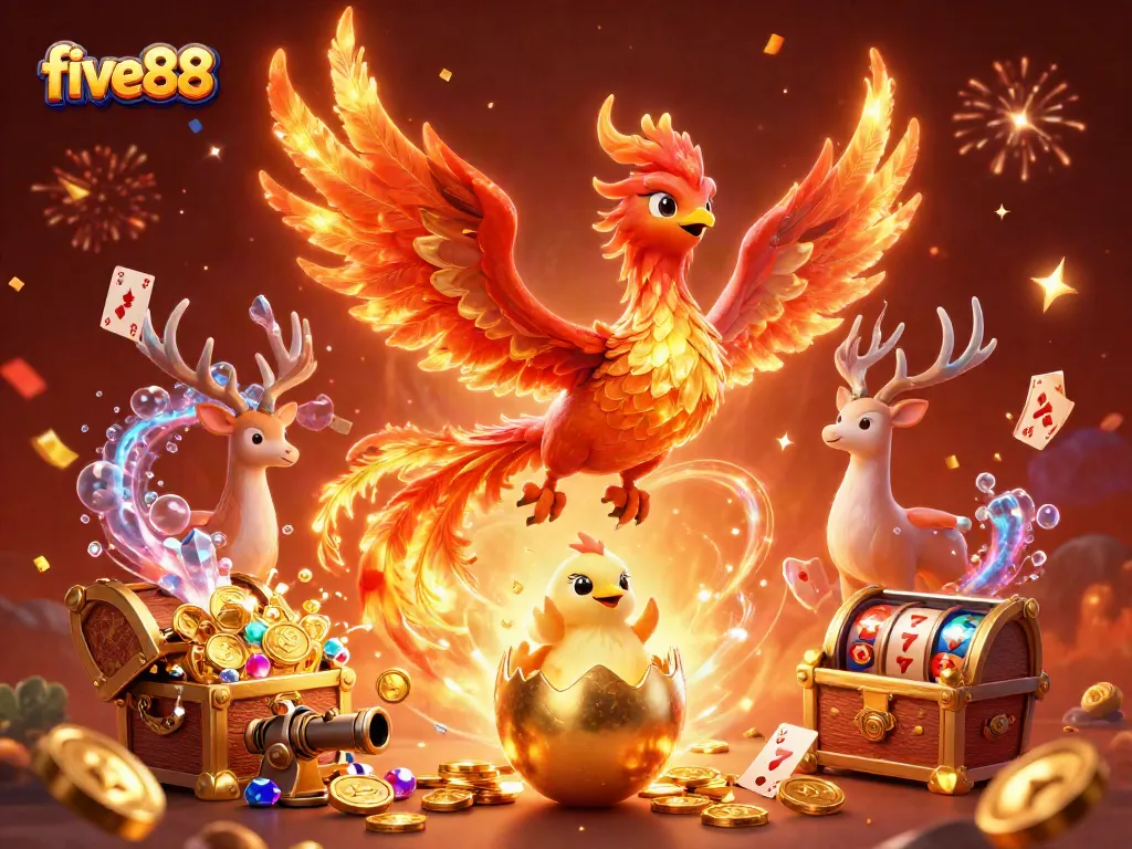 Experience thrilling gameplay at five88 with dynamic casino elements surrounding a soaring phoenix and hatching chick.