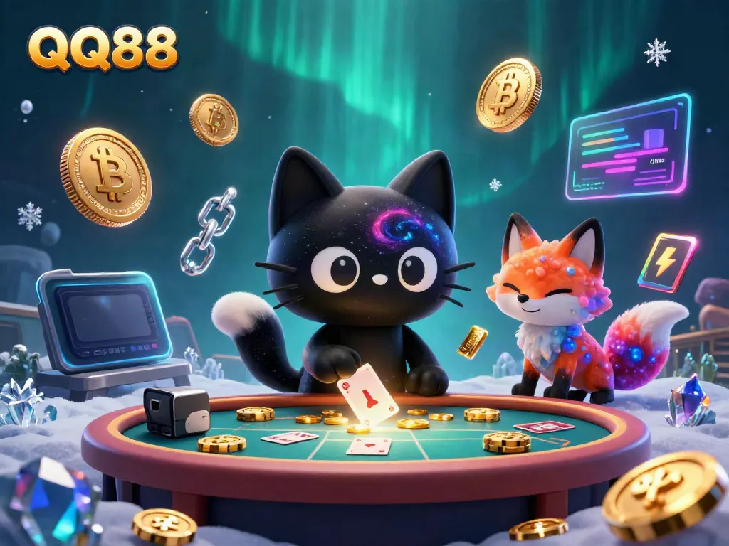 Experience the excitement of QQ88 with a cosmic casino scene featuring a black hole cat and vibrant gaming elements.