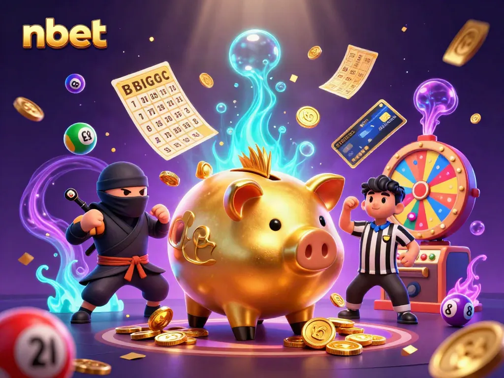 nbet showcases a unique gaming experience with a vibrant 3D visual of a piggy bank sumo wrestler amidst colorful lottery elements.