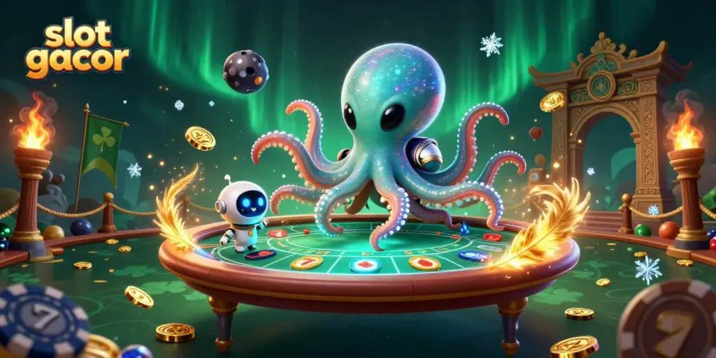 Experience thrilling gameplay at slot gacor with a vibrant scene featuring an alien octopus and robots.