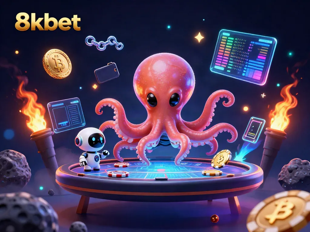 Engage with 8kbet as a colorful alien octopus operates a holographic poker table in a cosmic casino scene.