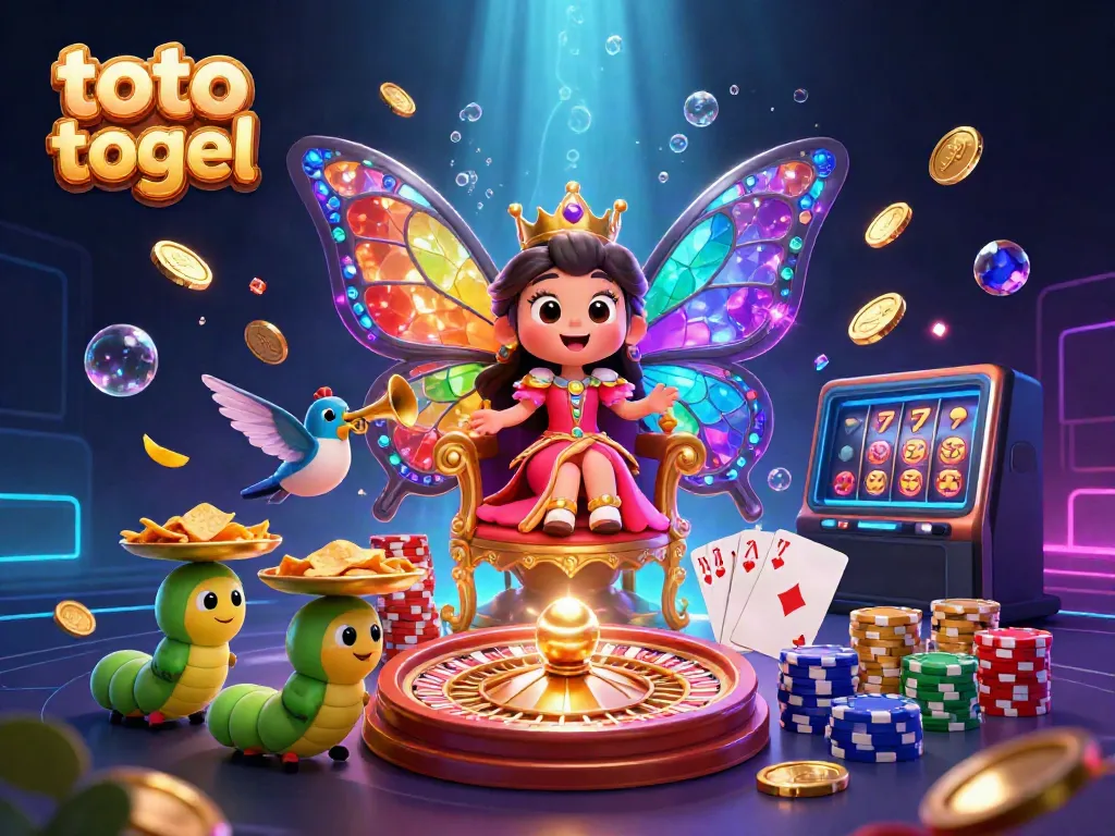 Engage in toto togel with a vibrant illustration featuring a butterfly queen and dynamic casino elements.