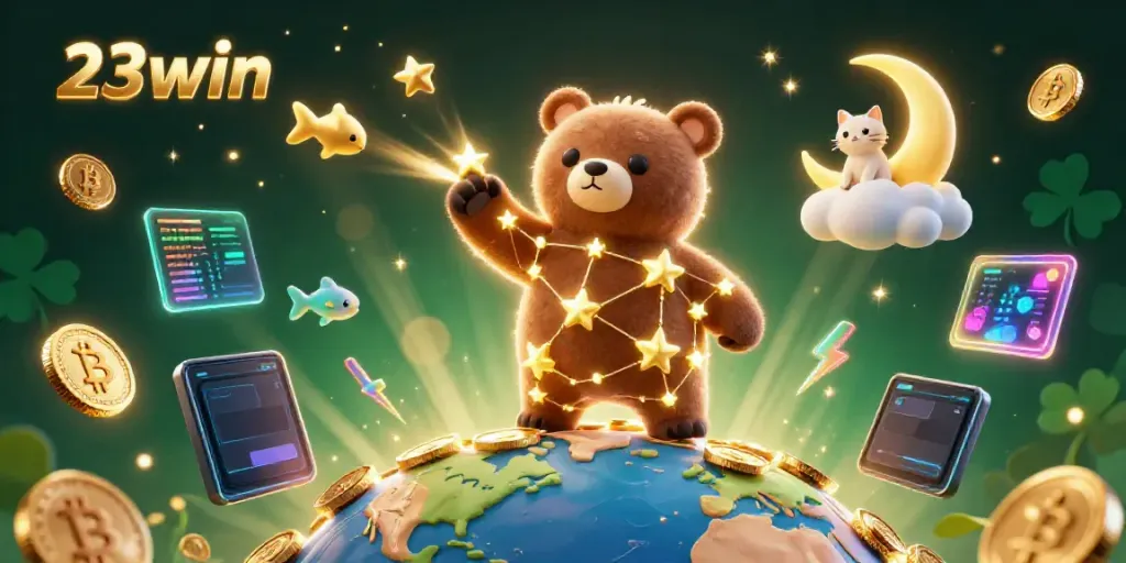 Experience the thrill of 23win with vibrant stars and coins in a cosmic casino scene.