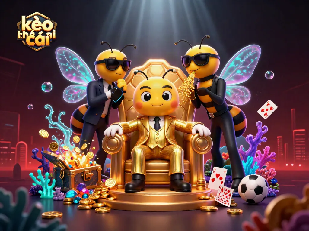 Experience thrilling kèo nhà cái action with a 3D cartoon bumblebee mob boss overseeing vibrant sports betting elements.