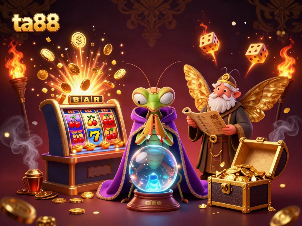 Experience the enchanting world of ta88 with slot machines, fortune tellers, and dynamic casino elements.
