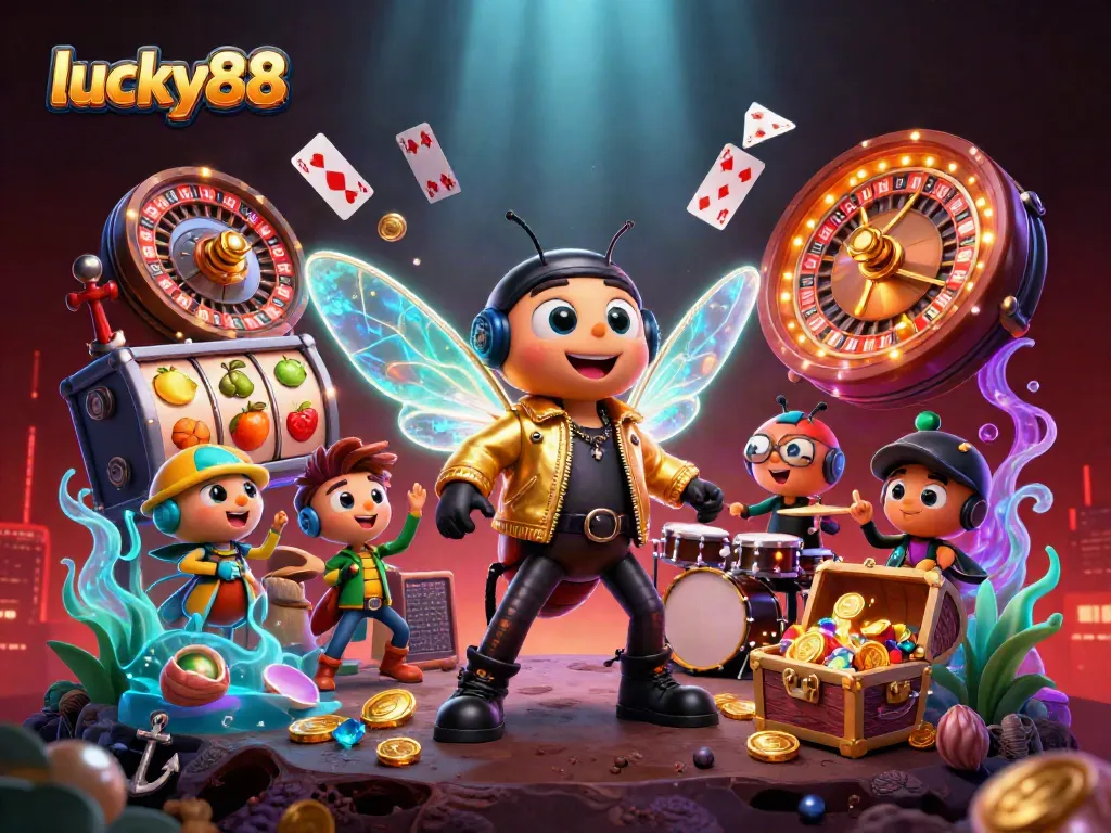 Experience the thrill of lucky88 with vibrant slot reels and casino elements in a dynamic illustration.