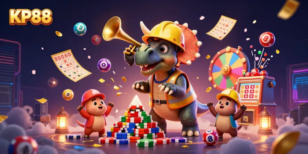 KP88 showcases dynamic casino elements as a triceratops builds a poker chip pyramid.