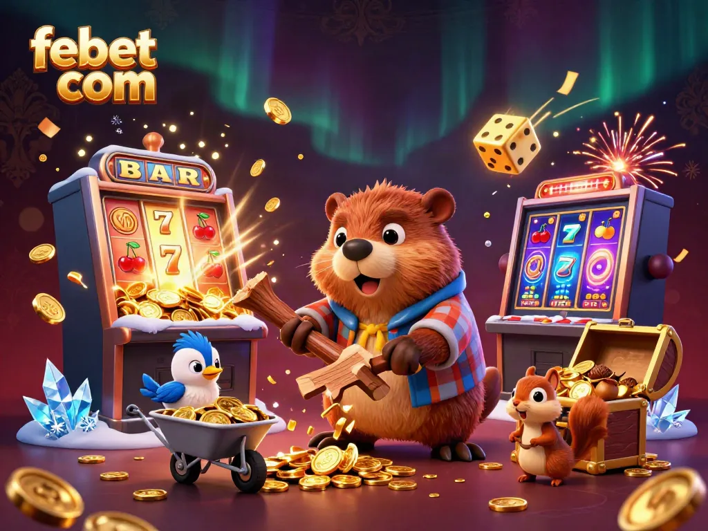 Experience the thrill of winning on febet com with cartoon characters celebrating amidst a vibrant casino scene.