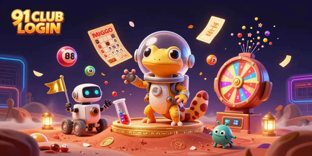 Engage in thrilling moments with 91 CLUB LOGIN featuring a Martian gecko uncovering a golden casino.
