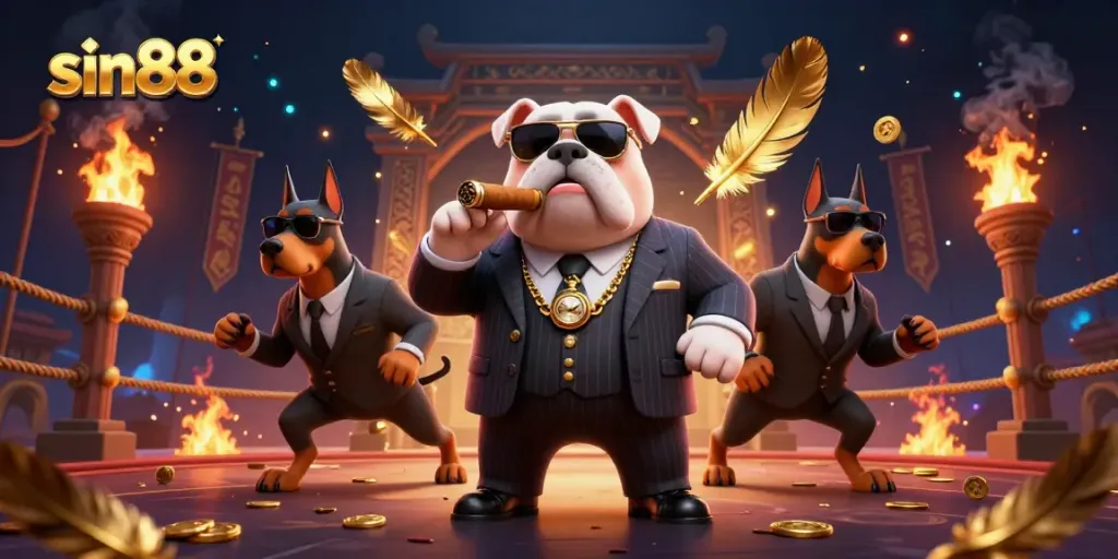 Experience thrilling gameplay at sin88 with a vibrant 3D illustration showcasing a mafia boss bulldog and bodyguard pinschers in an energetic casino scene.