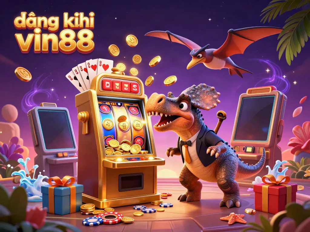 Experience the thrill of gambling with đăng ký vin88 as a pachycephalosaurus interacts with a golden slot machine.
