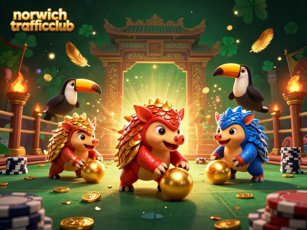 Engaging norwichtrafficclub scene with rival pangolins competing in a casino setting surrounded by chips and golden elements.