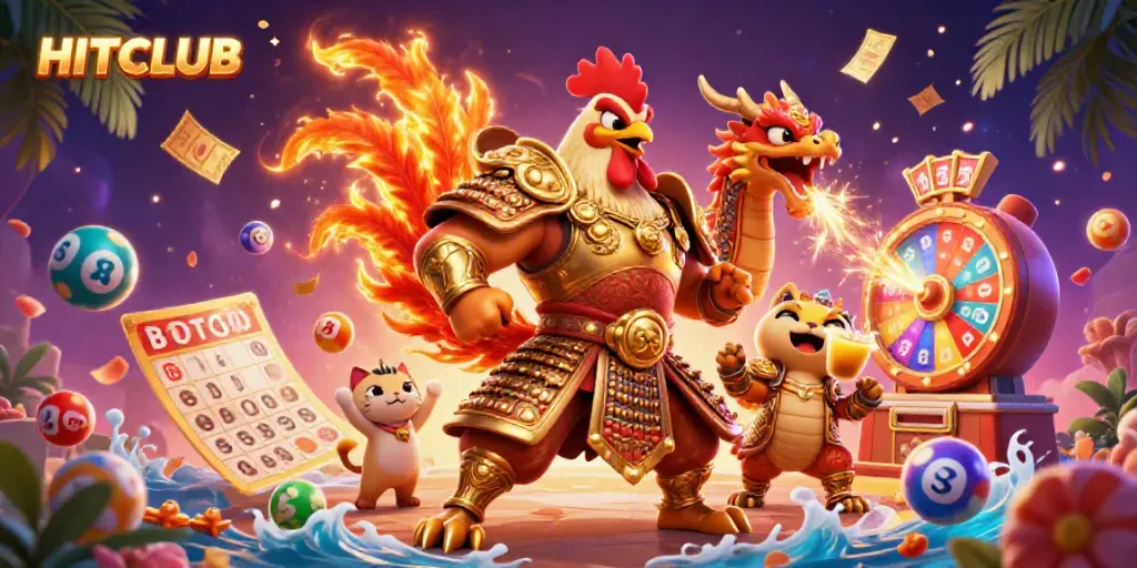 Witness the excitement at HITCLUB with a dynamic scene of a fighting rooster warrior and dragon hatchling among lottery elements.