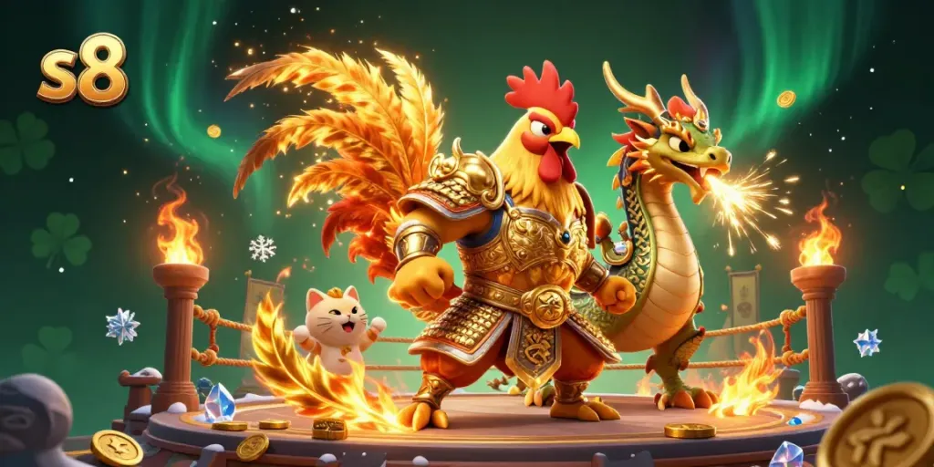 Experience thrilling wins at S8 with a vibrant 3D illustration featuring a rooster warrior and a dragon hatchling.