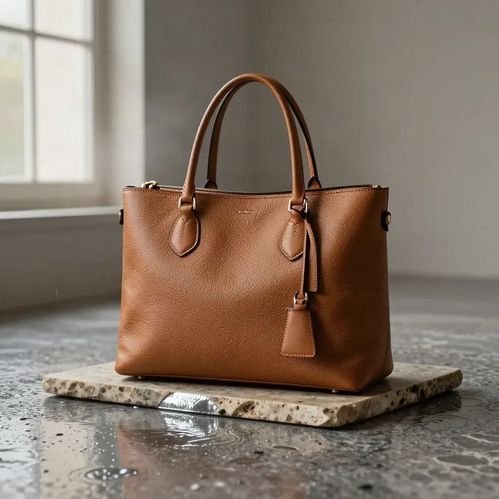 Tan leather tote on wet travertine with a stone tray and key fob, lit by soft side daylight.