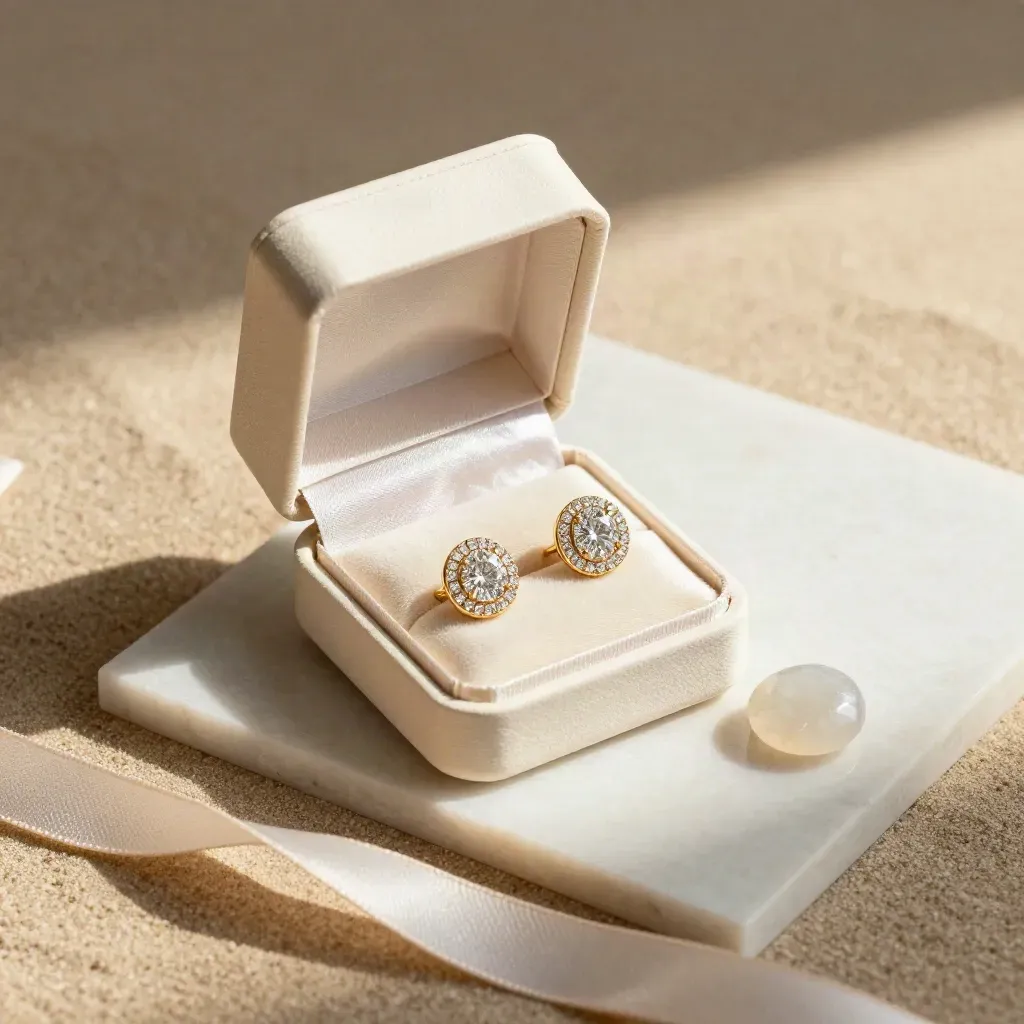 Diamond halo studs in an open box with silk ribbon on pale stone.
