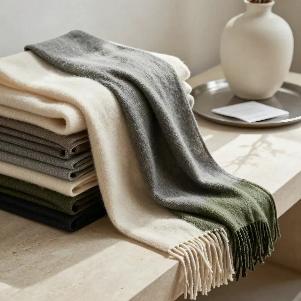 Luxury cashmere scarves on a limestone bench with tray and ceramic vessel, mid-motion in soft light.