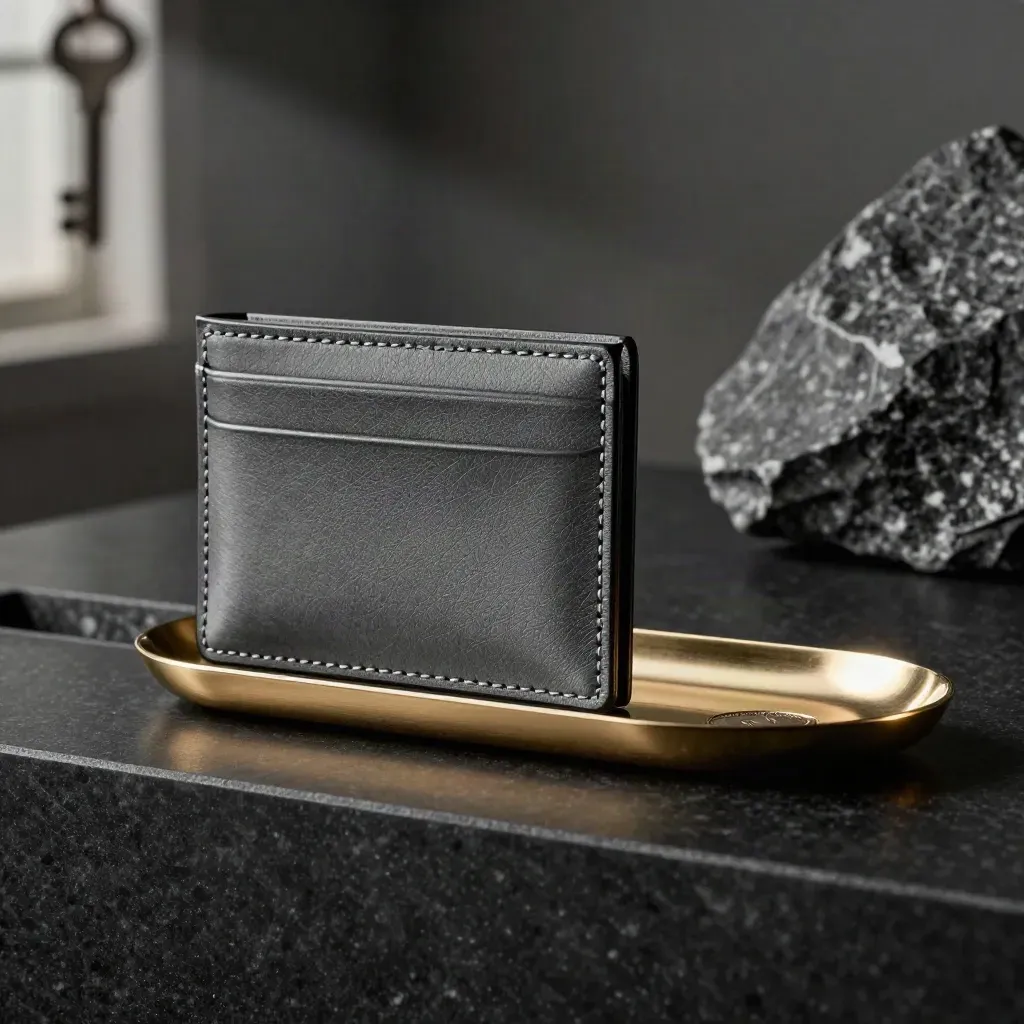 Graphite leather card holder half-slid from travertine beside a gold coin tray.