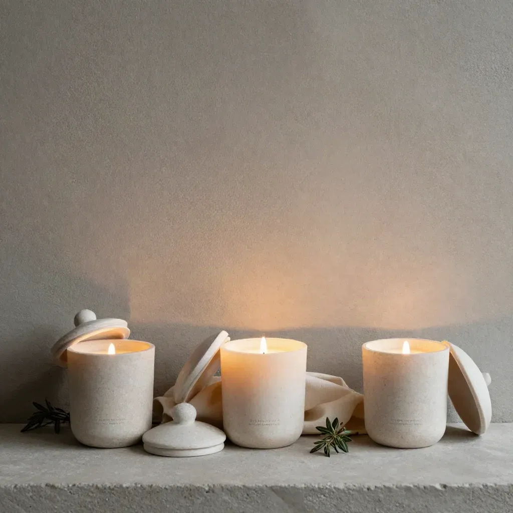 Overhead candle set in stone vessels with cloth, sprig, and soft smoke on concrete.