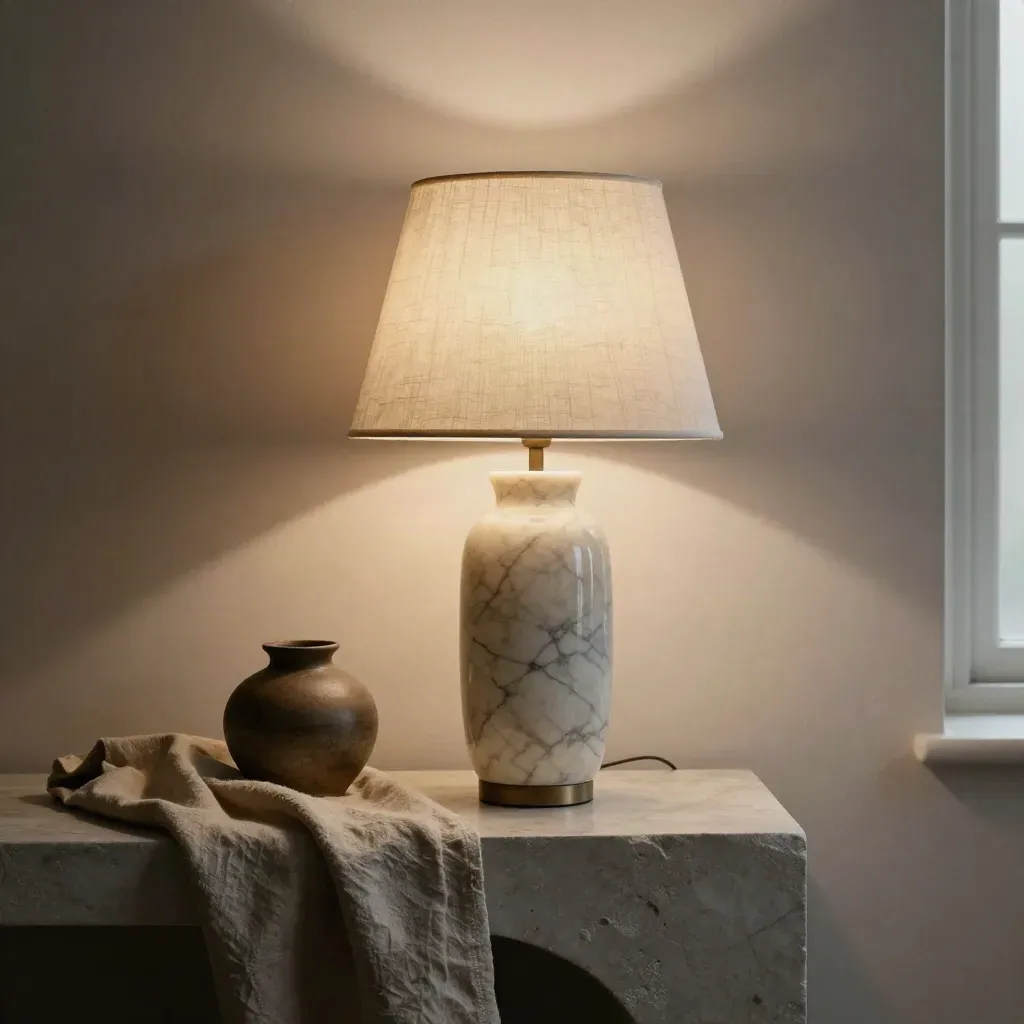Marble table lamp with linen shade, ceramic vessel and folded textile on a plaster console.