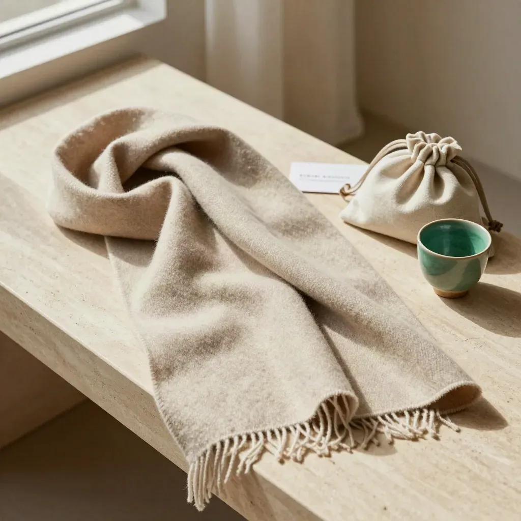 Cashmere wrap, linen pouch and ceramic cup on a pale stone bench in soft light.