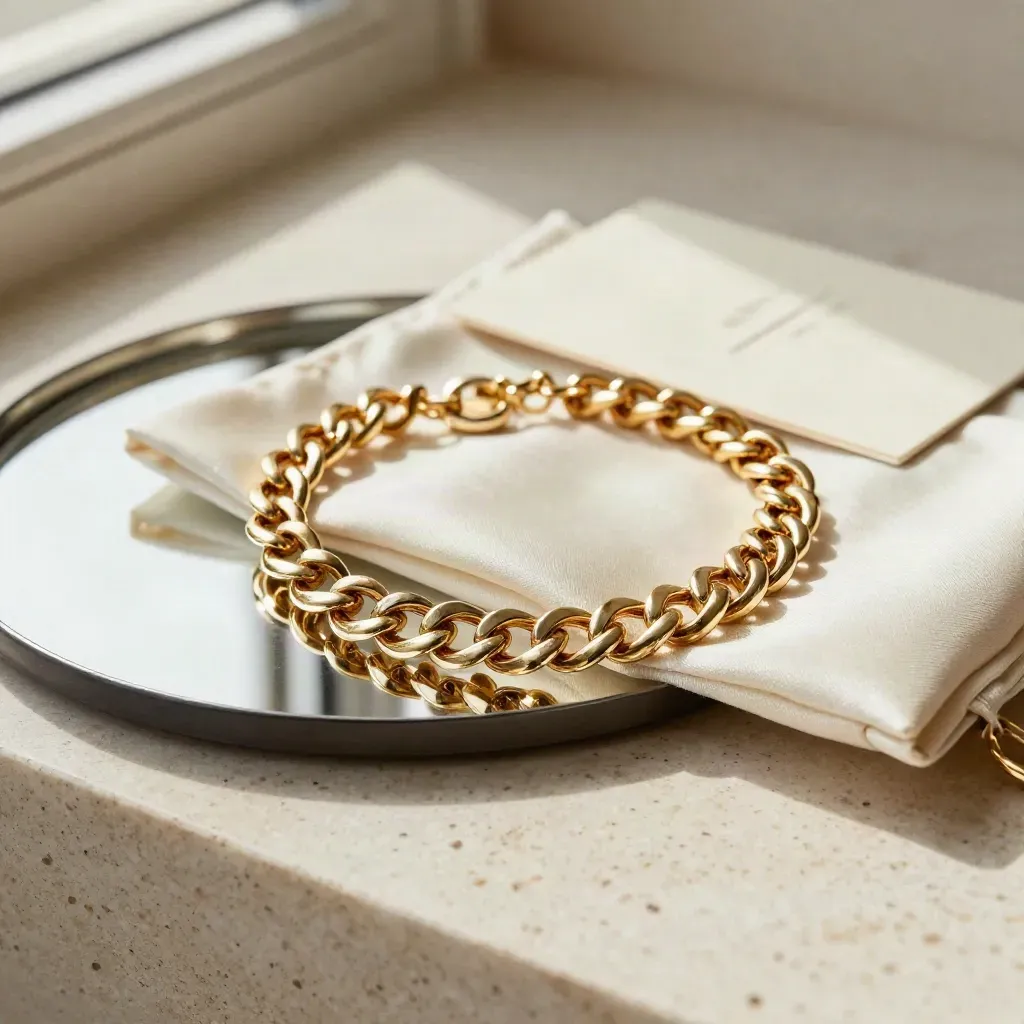 Gold chain bracelet on ivory silk pouch with mirrored tray, softly lit in a luxe studio.