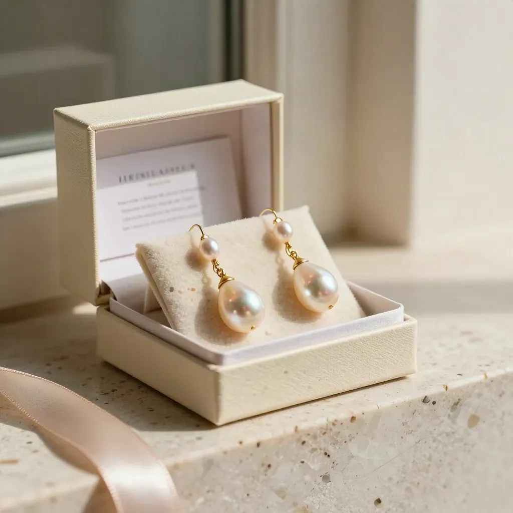 Pearl drop earrings in an open gift box on pale stone with soft gold accents