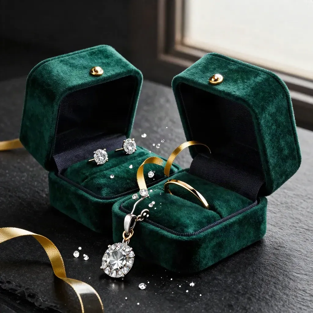 Emerald velvet jewellery boxes with diamond studs, pendant and ring on matte-black stone, sparkling open lid
