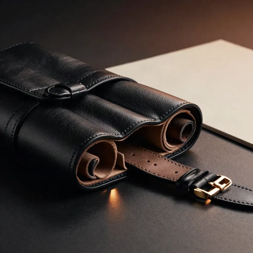 Black leather travel watch roll partly open with a cashmere strap on a matte-black surface