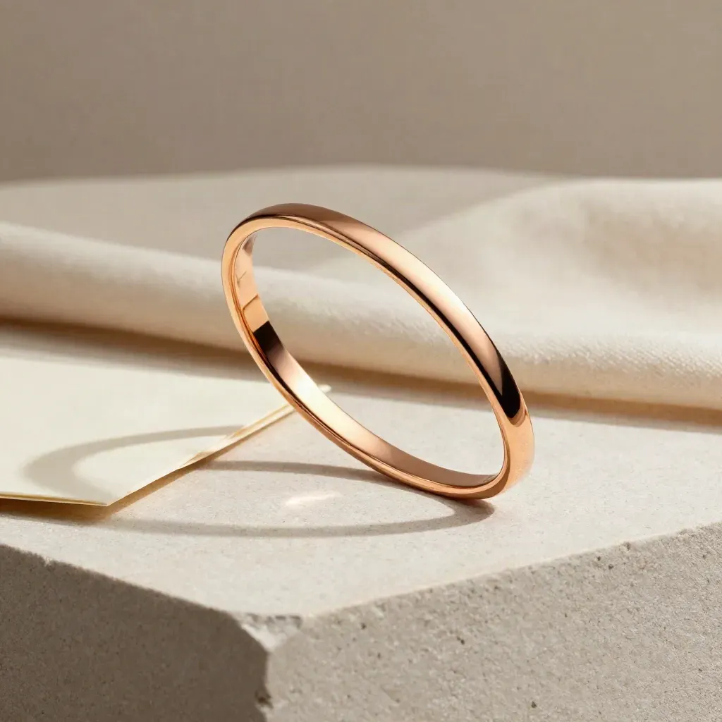 Rose gold bangle on pale stone block with ivory card and soft warm shadow.