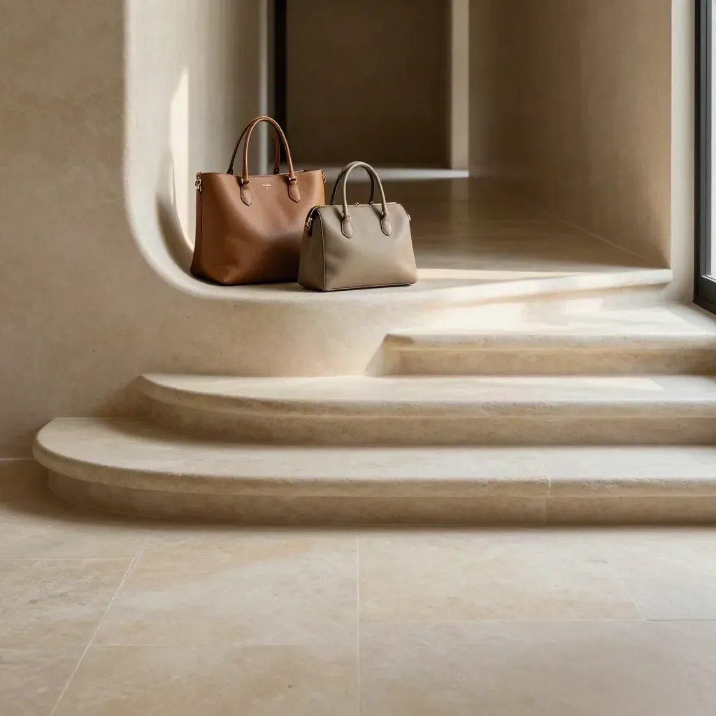 Sunlit limestone foyer with two luxury handbags on a landing and calm floor space below.