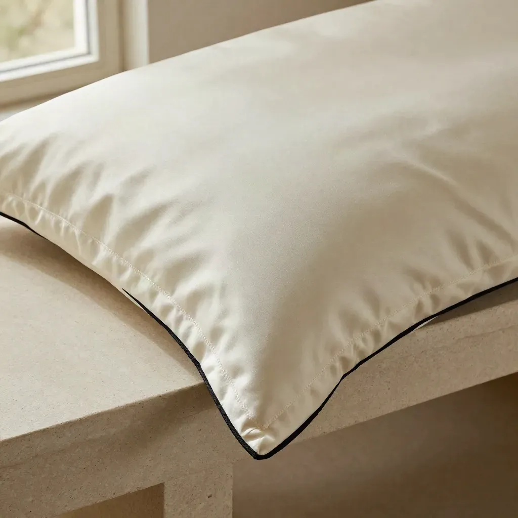 Stone silk cushion cover draped on a plaster bench, seam and sheen in close macro.
