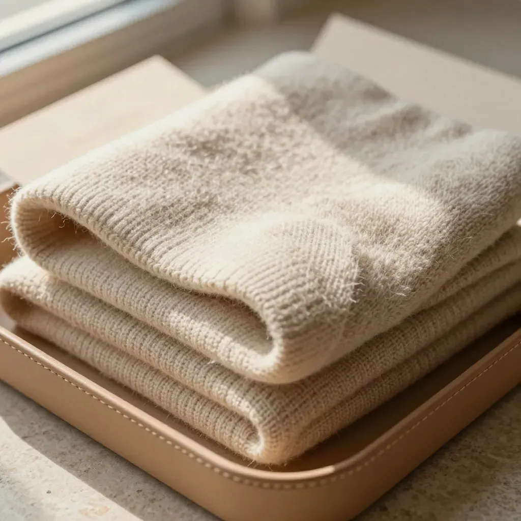 Cashmere scarf and socks folded in a soft leather tray, extreme macro