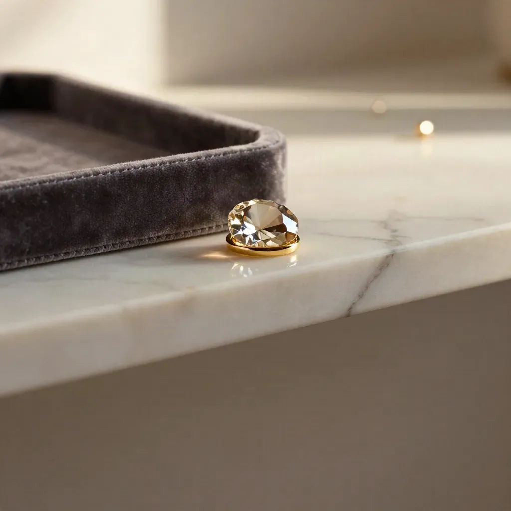 Marble shelf with velvet trays and a faceted stone catching champagne-gold light.