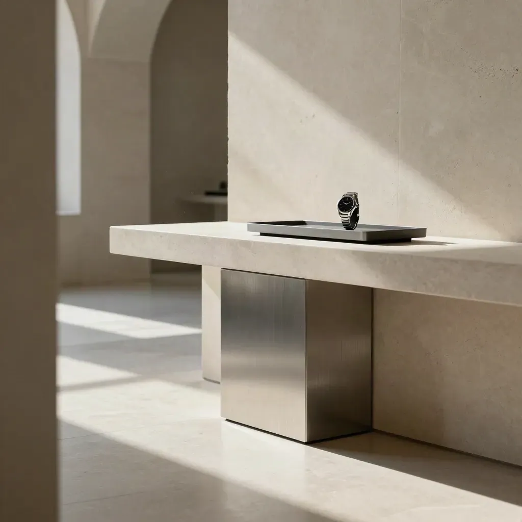 Sunlit limestone corridor with a steel pedestal and lone luxury watch silhouette