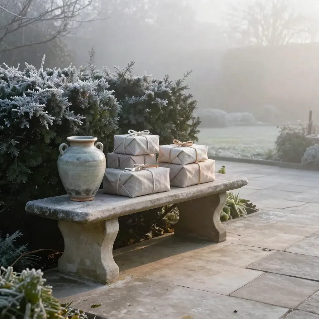 Misty winter terrace with a stone bench, ceramic vessel and wrapped gifts beside clipped greenery.