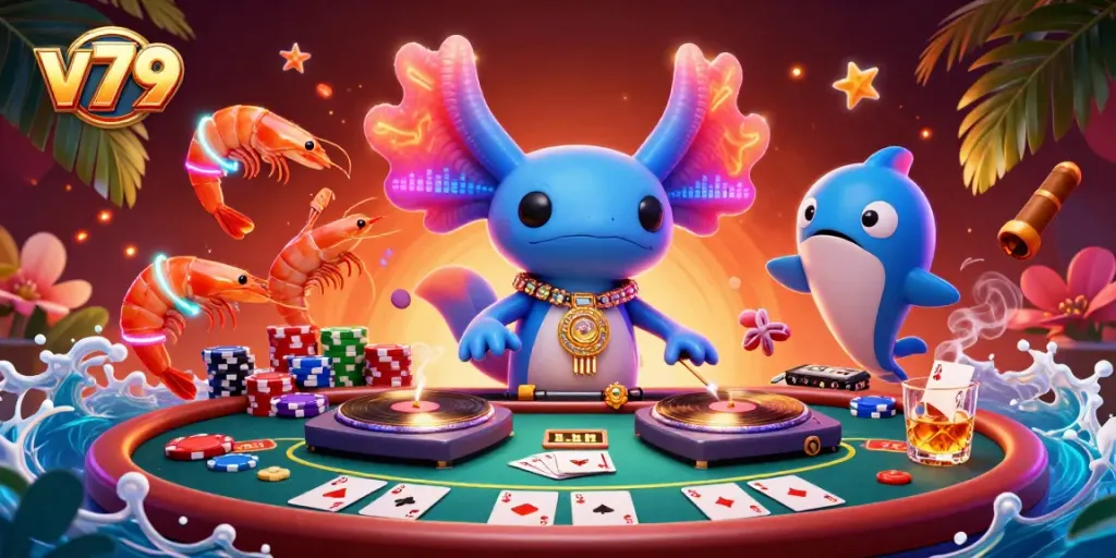 Experience thrilling wins at V79 with a vibrant scene featuring high-energy axolotl DJ and dynamic poker actions.