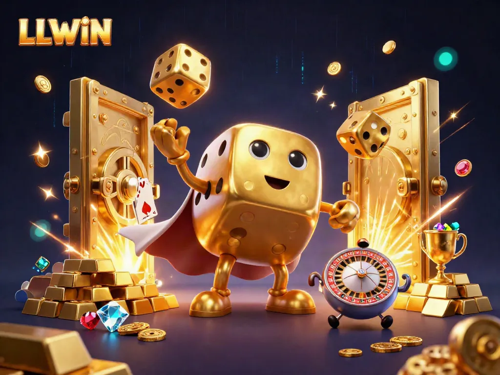 Experience LLWIN in a vibrant scene with golden dice and treasures showcasing online gaming excitement.