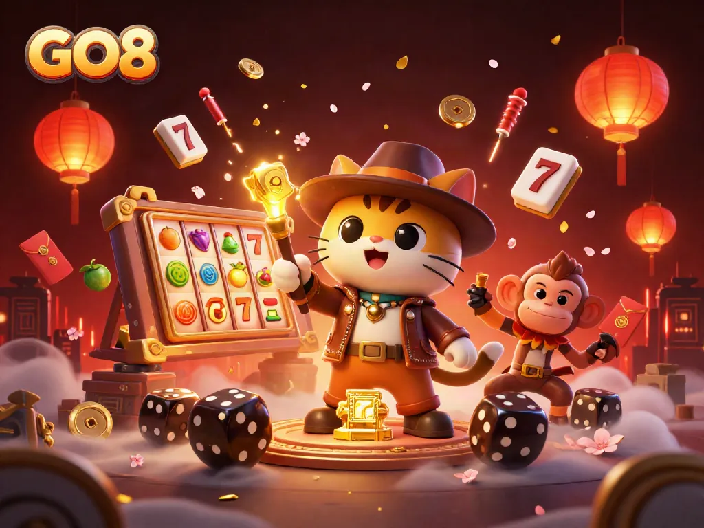 GO8 jackpot adventure with a cat archaeologist and monkey, showcasing slot reels and vibrant casino ambiance.