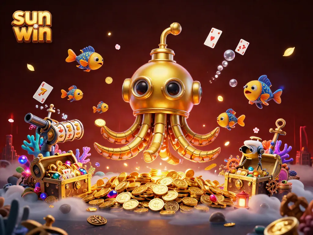 Experience sun win excitement with a golden kraken and mechanical fish amidst a treasure of casino elements.