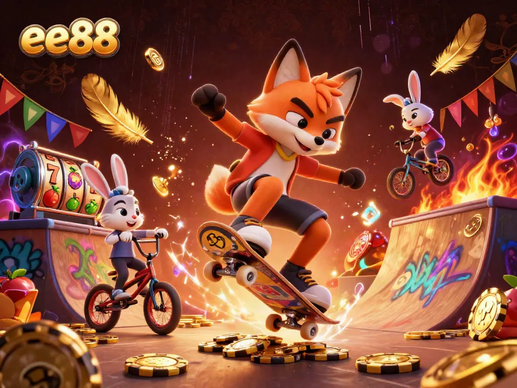 ee88 video slot excitement with a cartoon fox performing tricks over golden poker chips