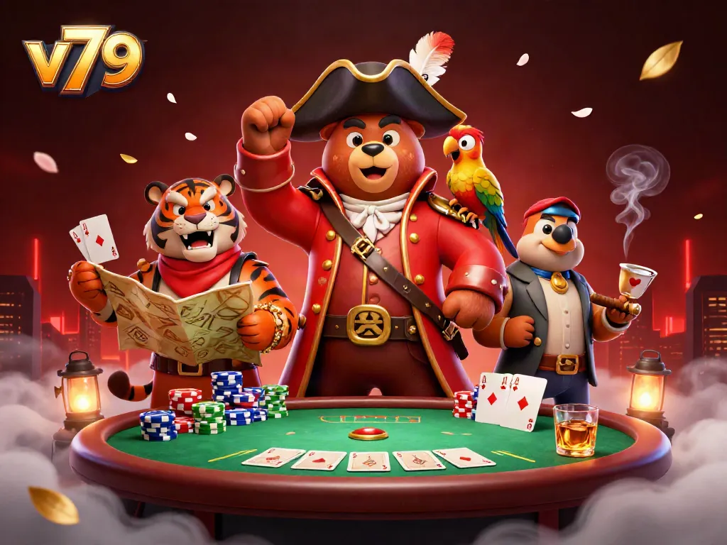 Experience thrilling games at v79: pirate bear, tiger, and parrot in a rich casino scene.